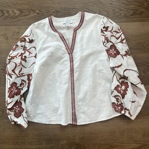 Calypso Floral Embroidered Cotton Flax Peasant Blouse Top White Boho Festival Lg